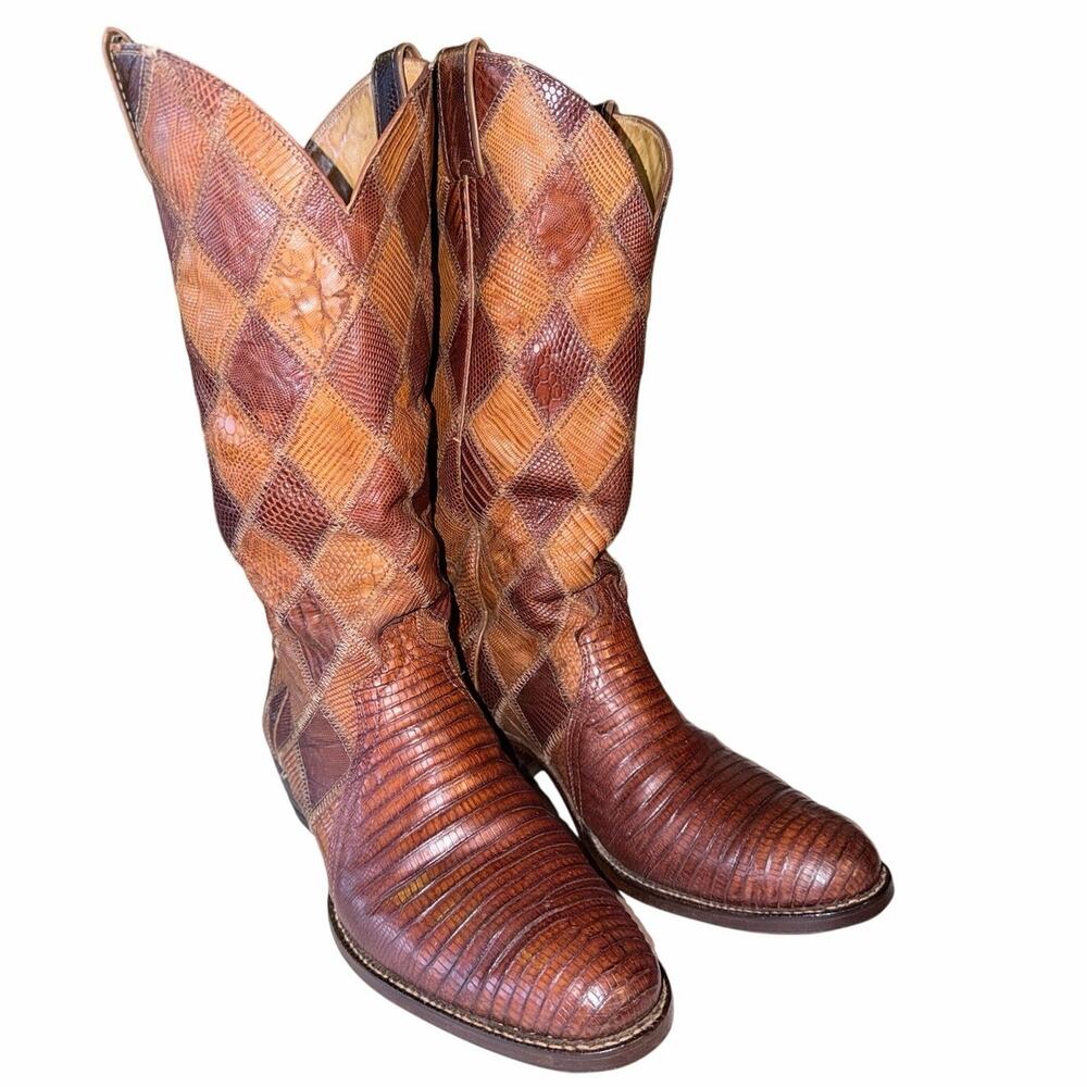 Vintage men’s Justin brown leather patchwork boots lizard country western 10EE